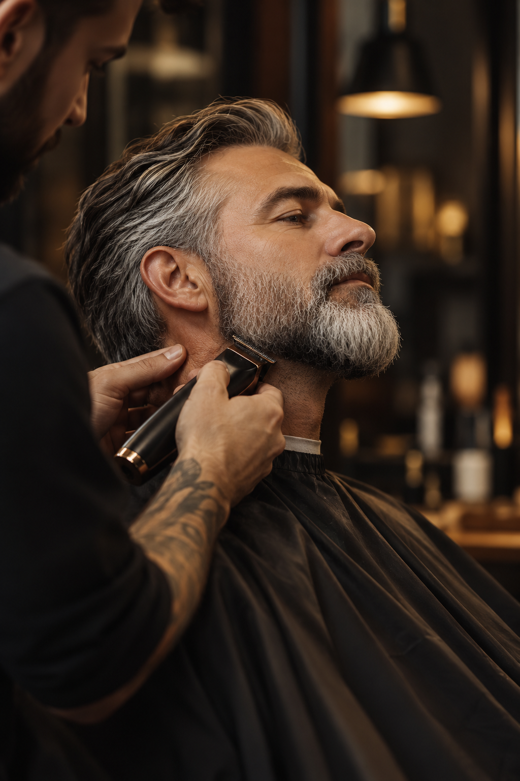 Customer receiving a beard trim from a barber