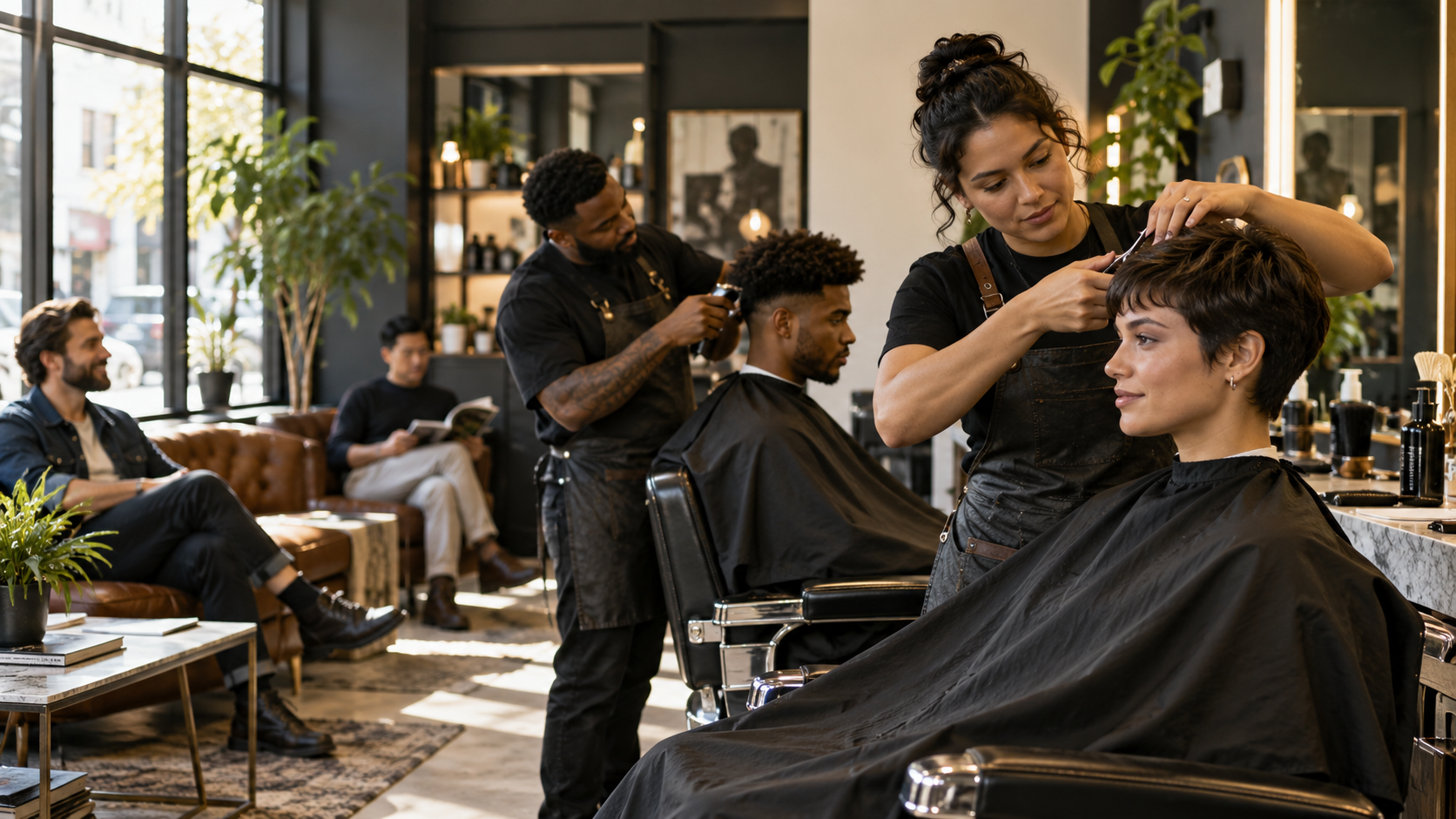 Diverse adult customers receiving hair styling and barber services